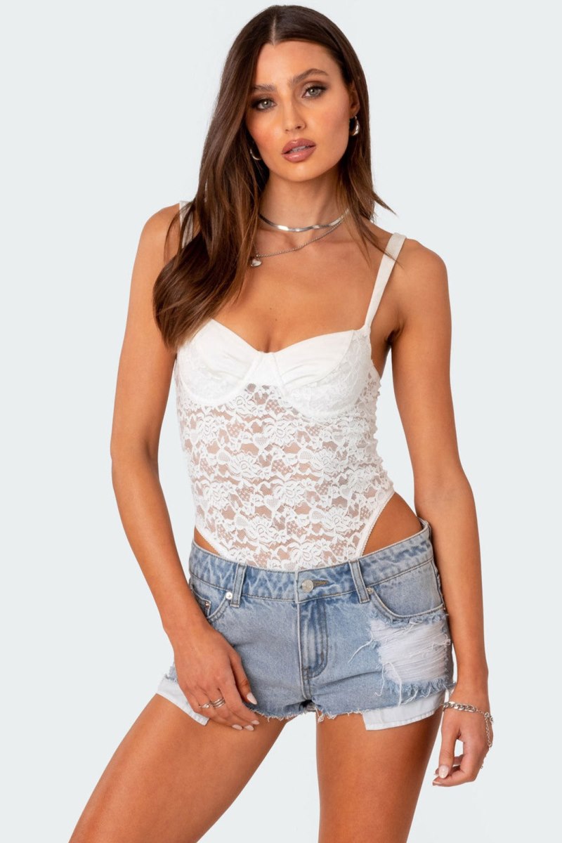Edikted Lace & Satin Cupped Bodysuit Black | USA SX199019Q8