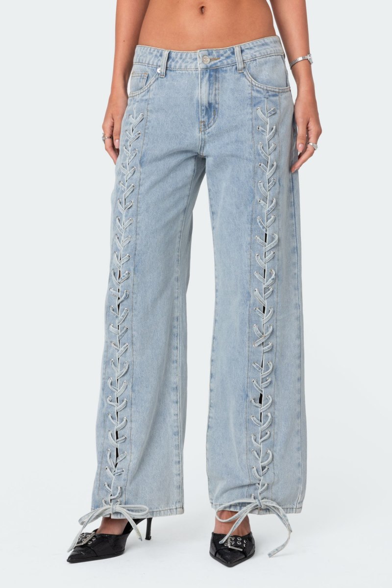 Edikted Laced Up Low Rise Jeans Light Blue | USA CI061306X9