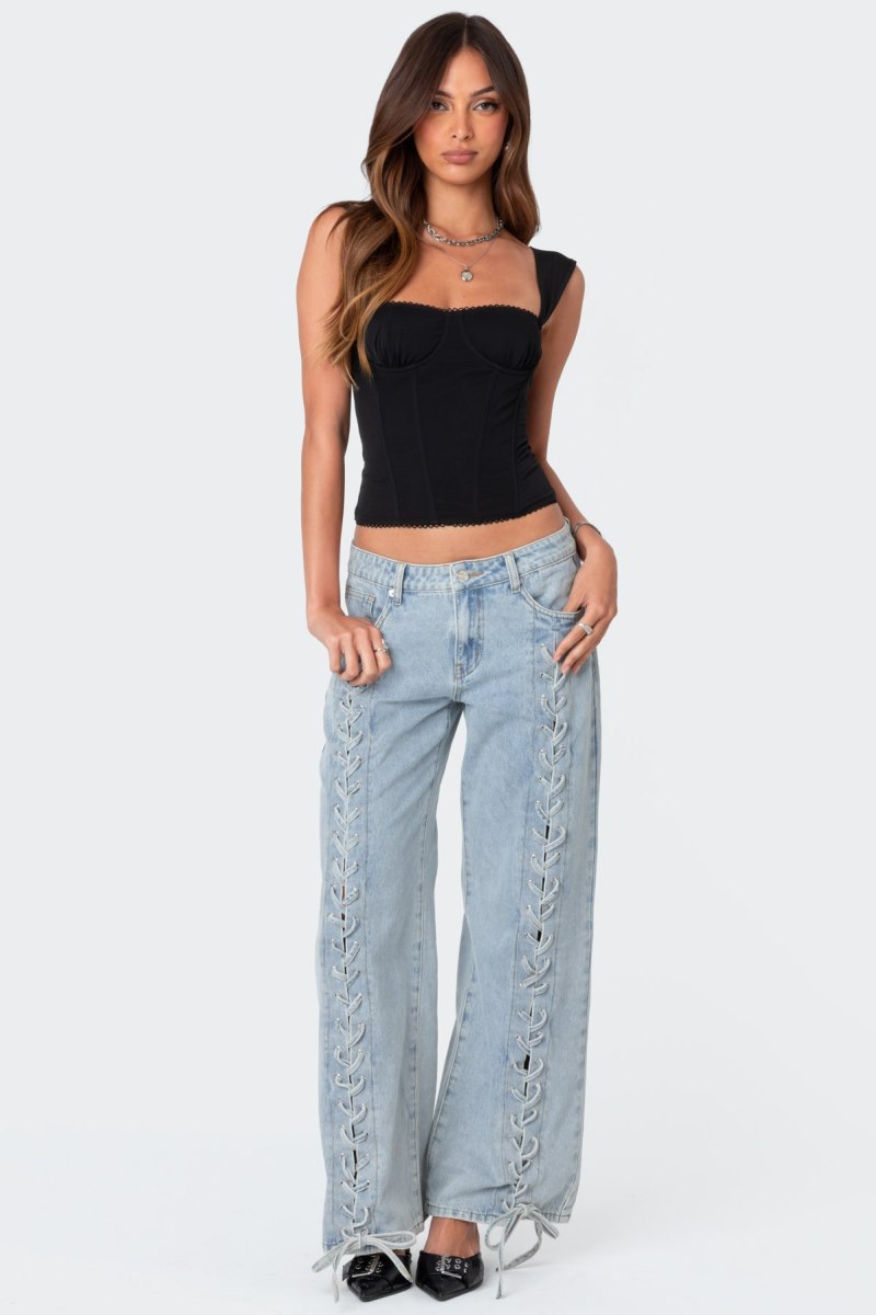 Edikted Laced Up Low Rise Jeans Light Blue | USA CI061306X9