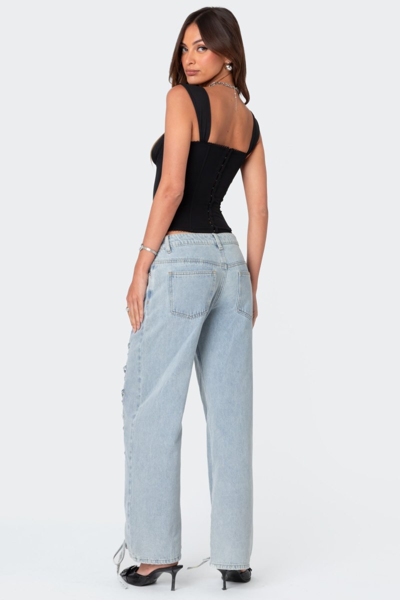 Edikted Laced Up Low Rise Jeans Light Blue | USA CI061306X9