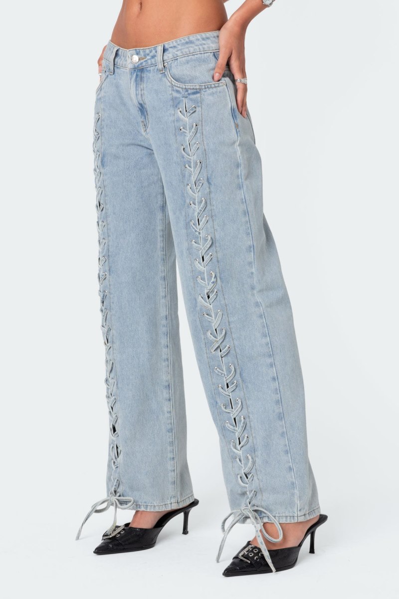 Edikted Laced Up Low Rise Jeans Light Blue | USA CI061306X9