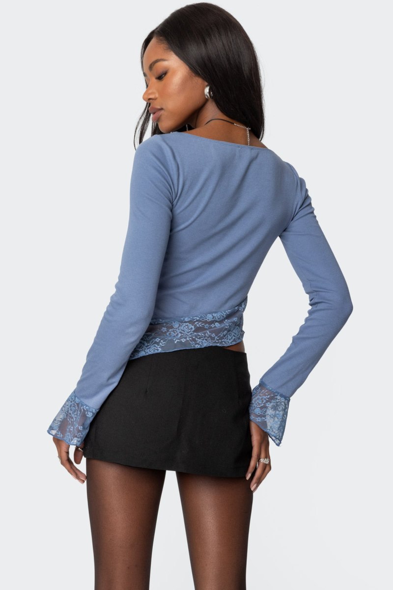 Edikted Lacey Asymmetric Square Neck Long Sleeve Tops Blue | USA EM630833X4