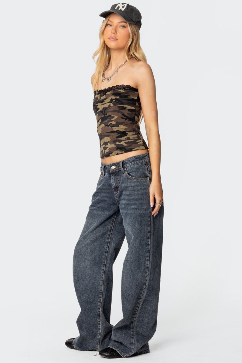 Edikted Lacey Camo Tube Strapless Tops Olive | USA NJ670167G8
