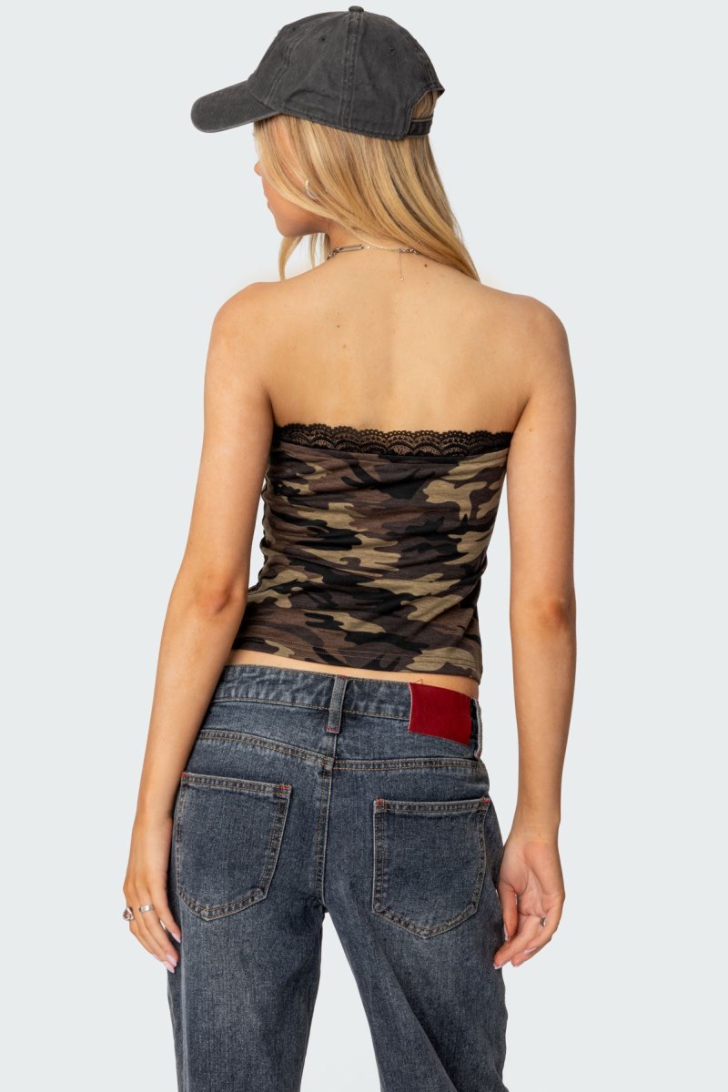 Edikted Lacey Camo Tube Strapless Tops Olive | USA NJ670167G8