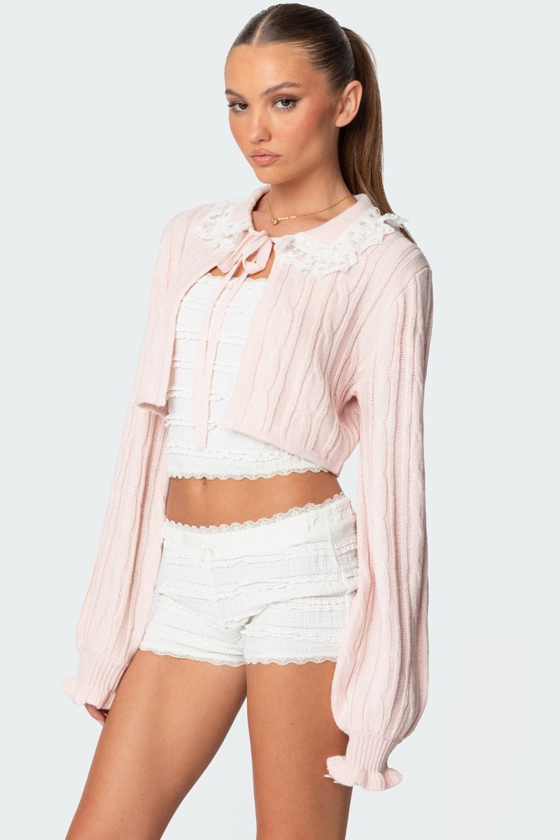 Edikted Lacey Collared Cable Knit Cardigan Crop Tops Pink | USA XS776317X7