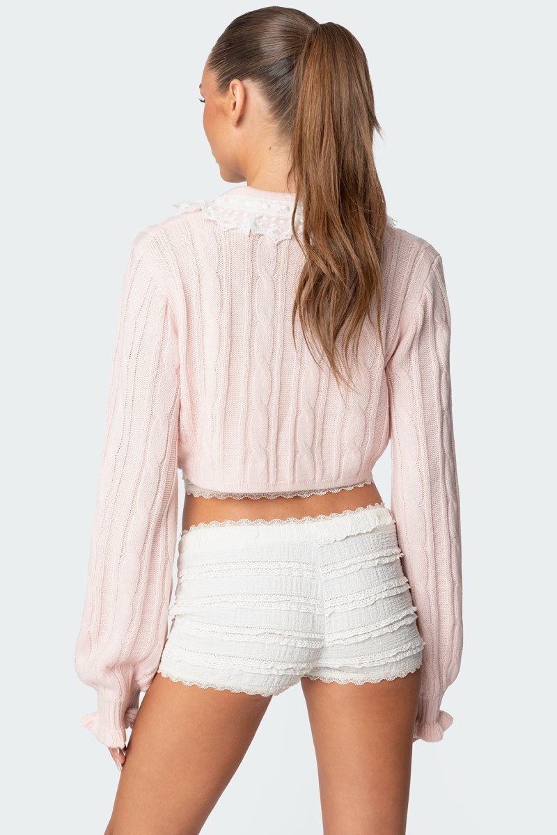 Edikted Lacey Collared Cable Knit Cardigan Crop Tops Pink | USA XS776317X7