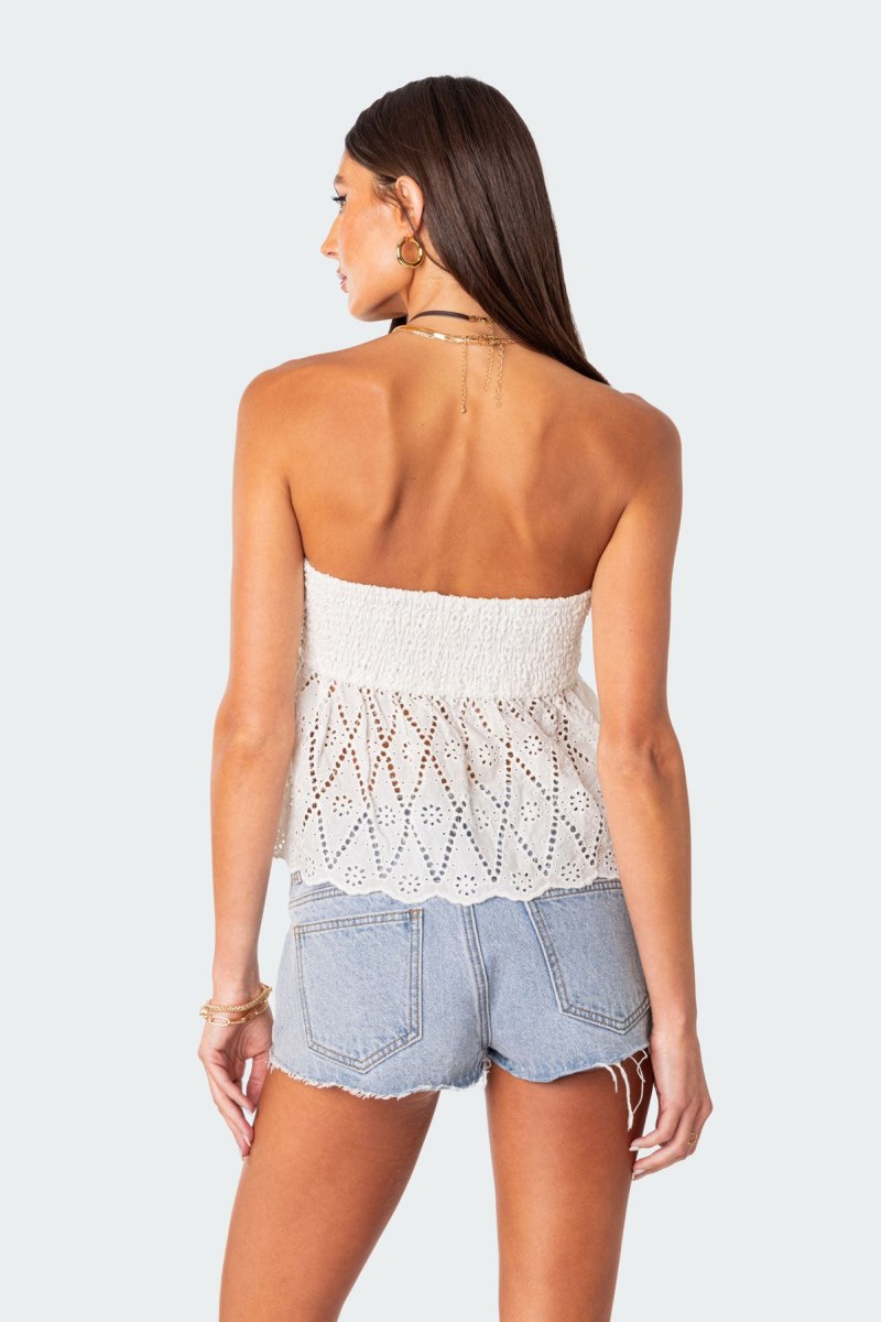 Edikted Lacey Cotton Scrunch Tube Strapless Tops White | USA XD353135L9