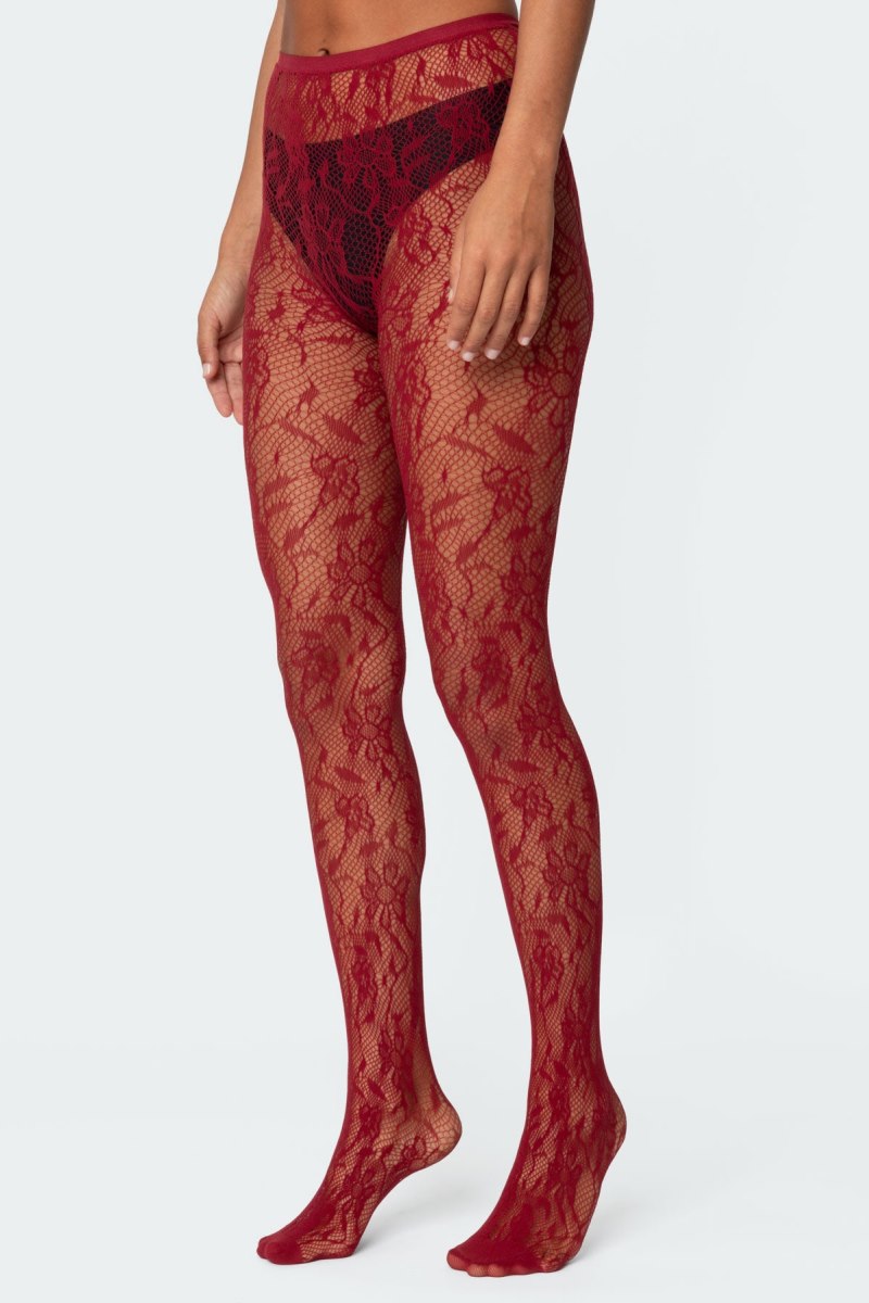 Edikted Lacey Fishnet Tights Socks Red | USA LL404090T9