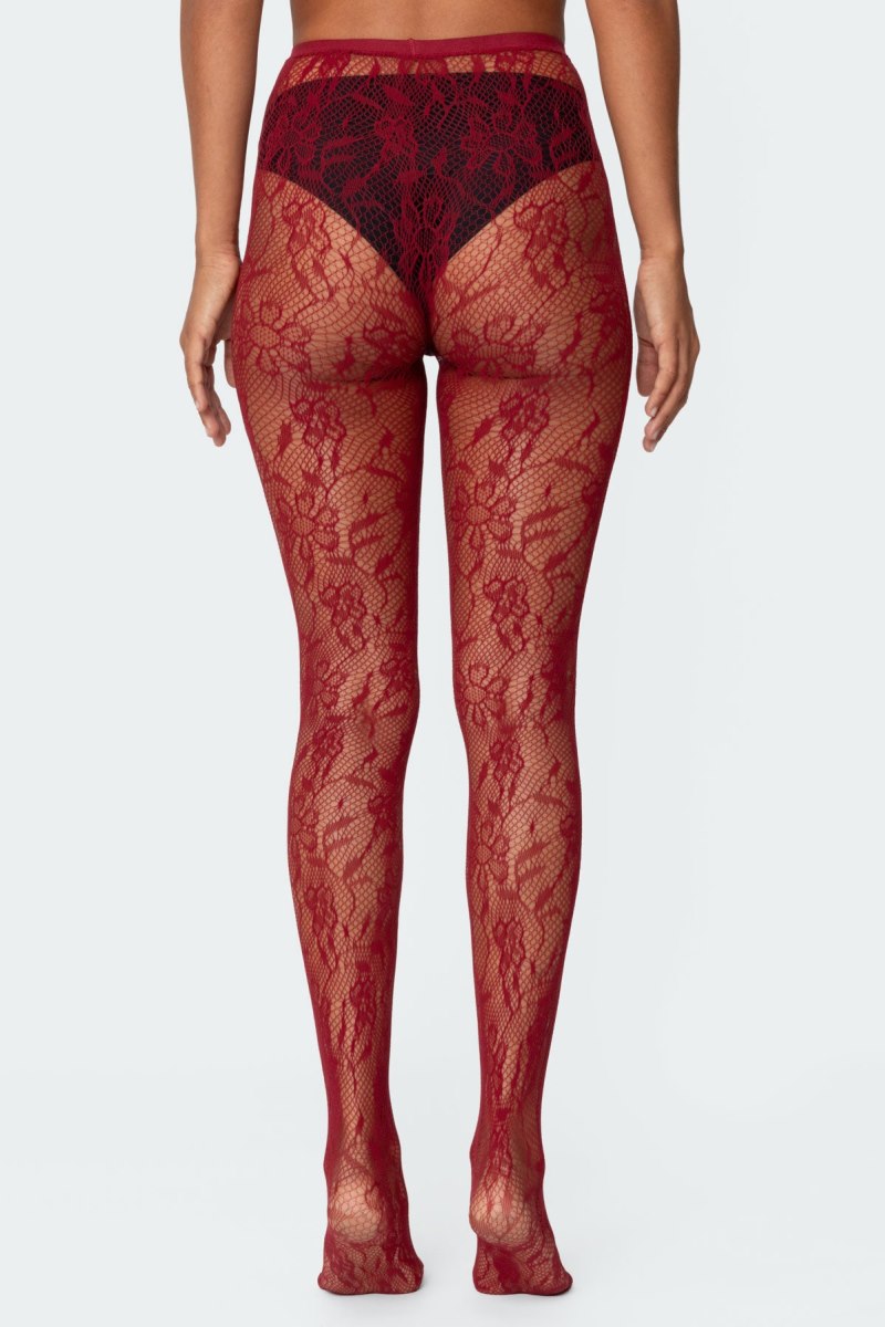 Edikted Lacey Fishnet Tights Socks Red | USA LL404090T9