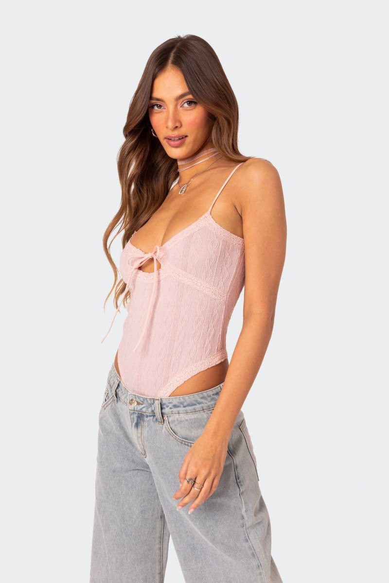 Edikted Lacey Knit Cut Out Bodysuit Light Pink | USA AS769636X6