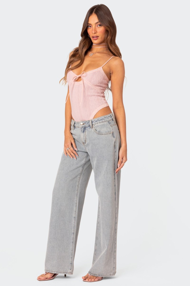 Edikted Lacey Knit Cut Out Bodysuit Light Pink | USA AS769636X6