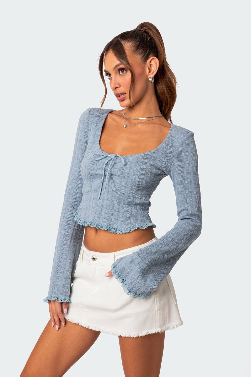 Edikted Lacey Knit Long Sleeve Tops Blue | USA GQ310551R4