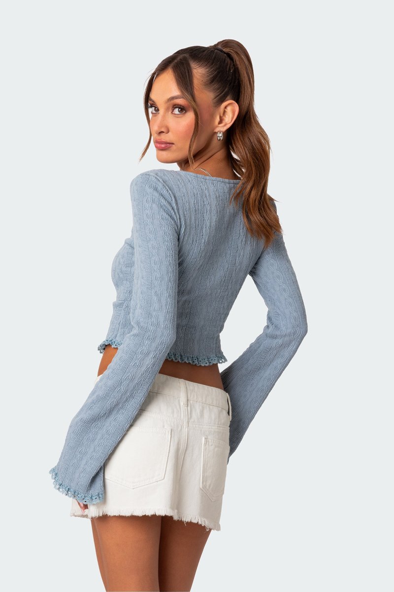 Edikted Lacey Knit Long Sleeve Tops Blue | USA GQ310551R4