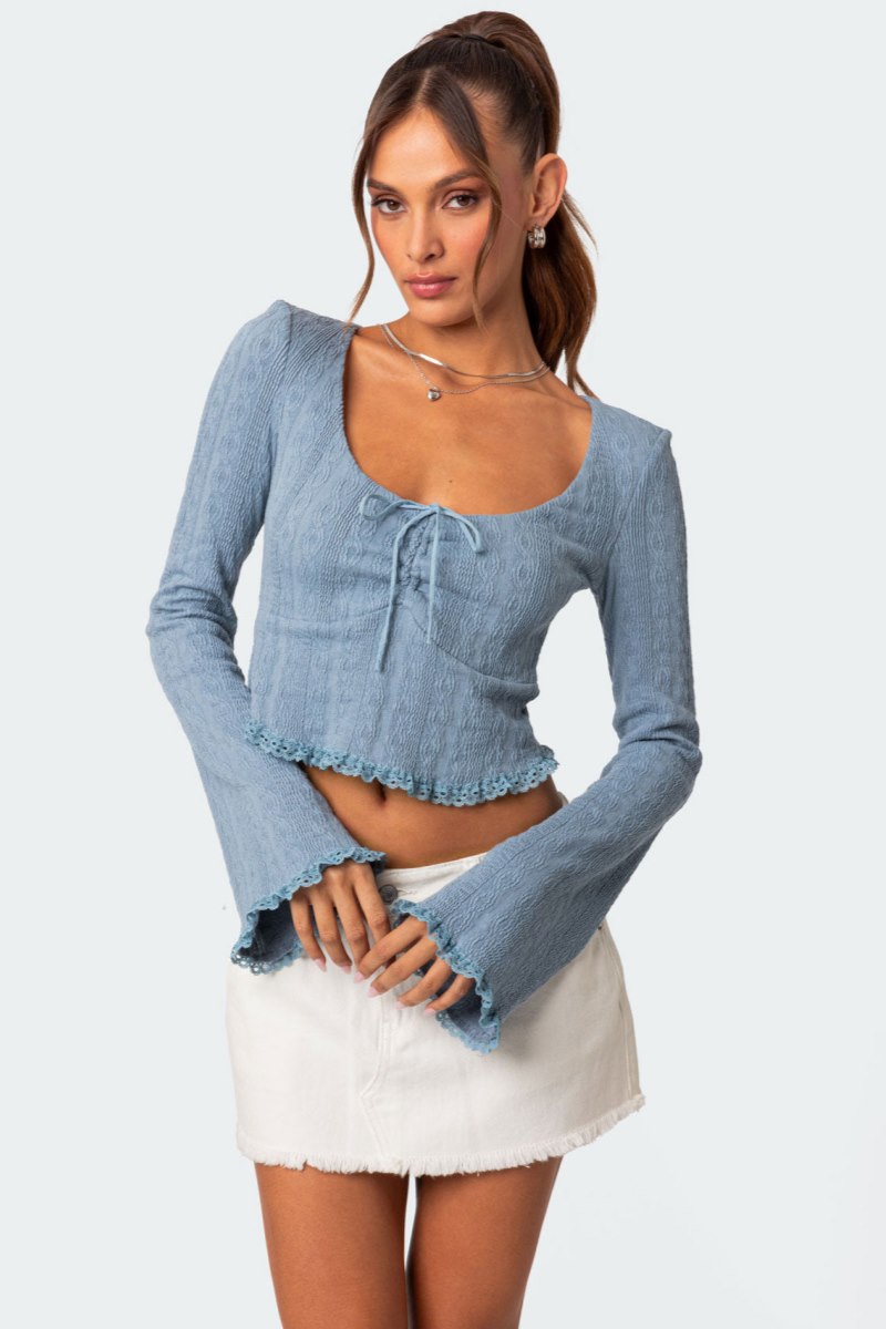 Edikted Lacey Knit Long Sleeve Tops Blue | USA GQ310551R4