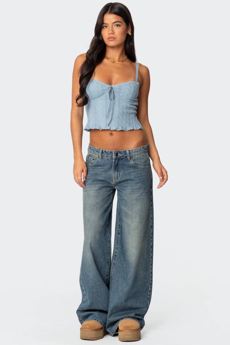 Edikted Lacey Knit Tank Crop Tops Light Blue | USA KM377927D8
