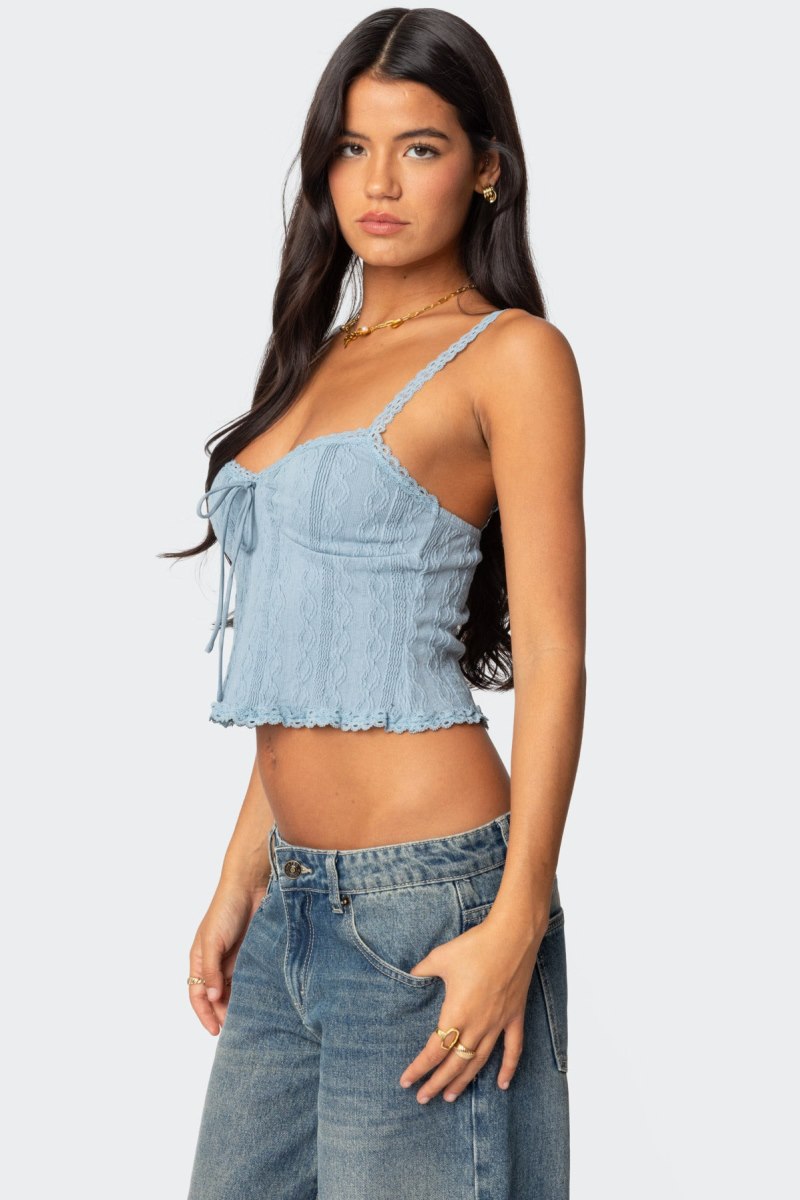 Edikted Lacey Knit Tank Crop Tops Light Blue | USA KM377927D8