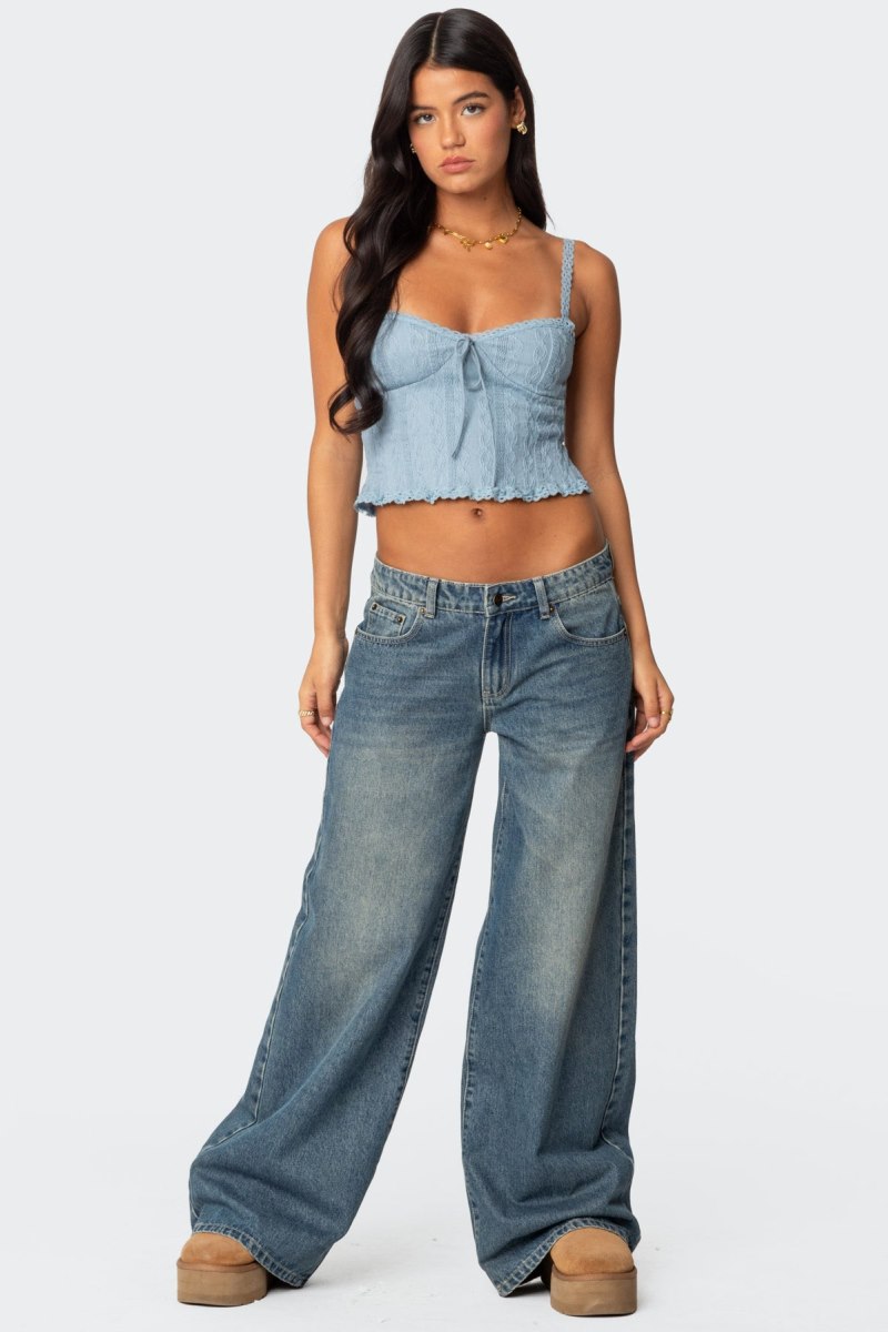 Edikted Lacey Knit Tank Crop Tops Light Blue | USA KM377927D8
