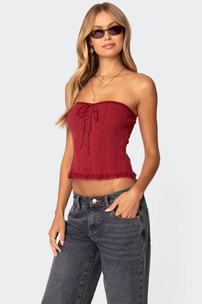 Edikted Lacey Knit Tube Strapless Tops Burgundy | USA GI763166M4