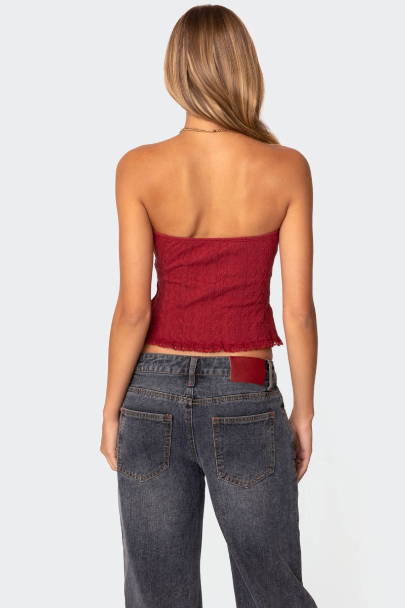 Edikted Lacey Knit Tube Strapless Tops Burgundy | USA GI763166M4