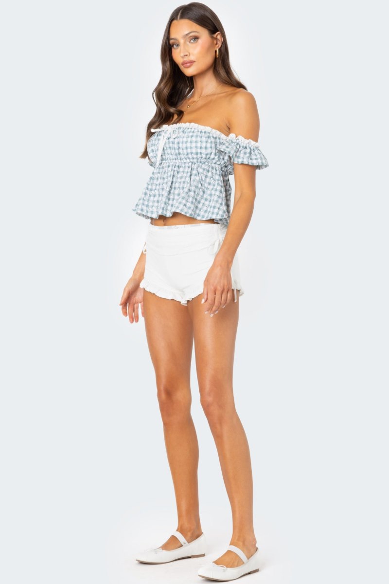 Edikted Lacey Ruffle Trim Fold Over Shorts Cream | USA LR532153H6