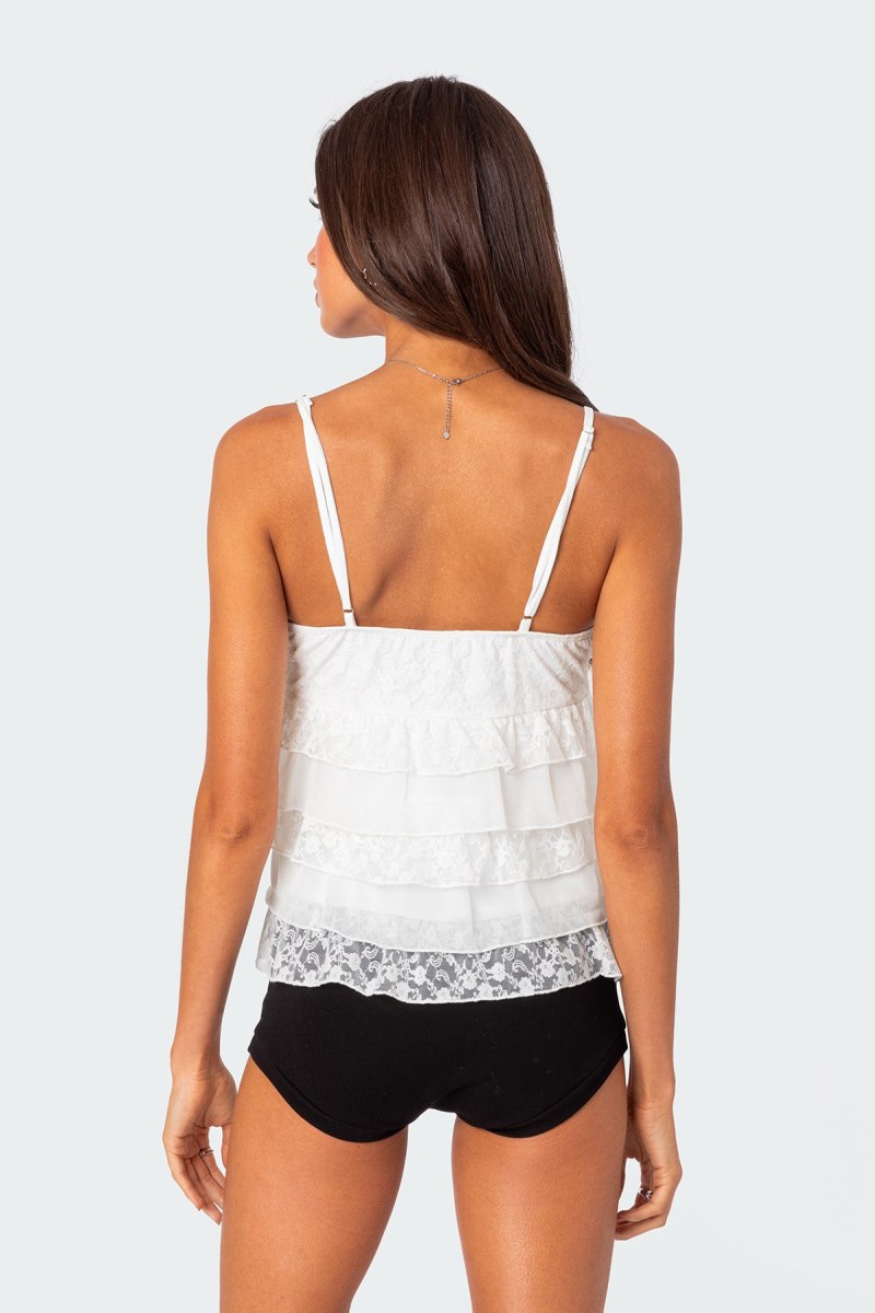 Edikted Lacey Split Front Ruffle Tank Top Black | USA HN525602Q8