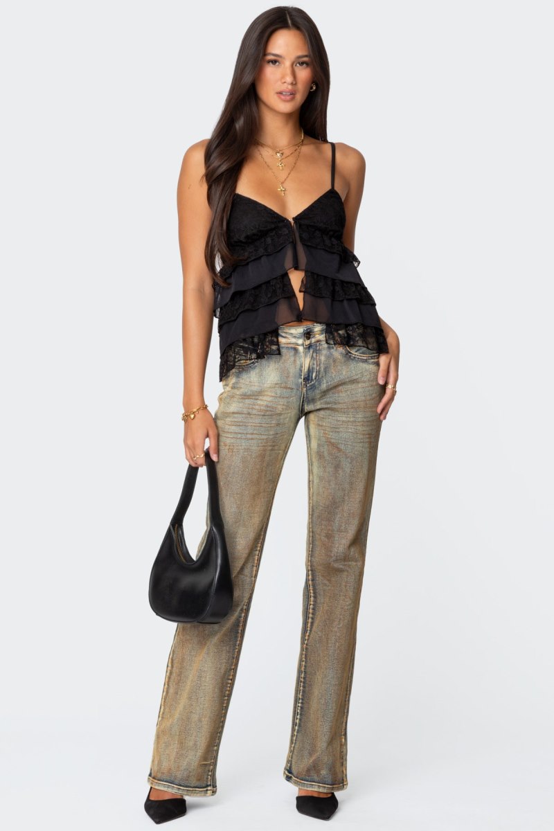 Edikted Lacey Split Front Ruffle Tank Top Black | USA OL718451W3