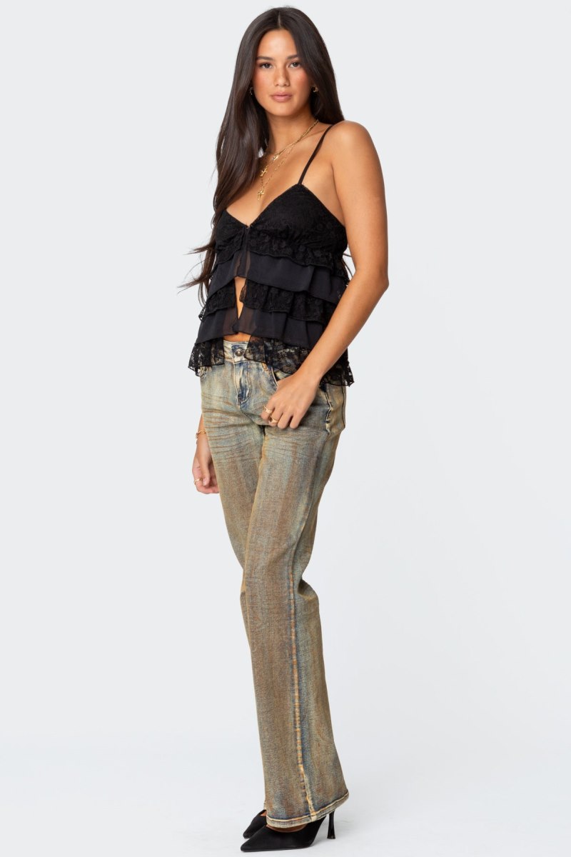 Edikted Lacey Split Front Ruffle Tank Top Black | USA OL718451W3
