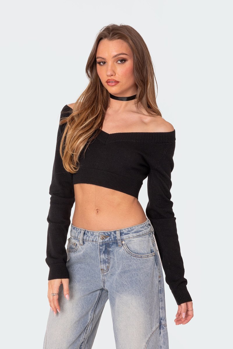 Edikted Lainey V Neck Knit Crop Tops Black | USA UP736113F8