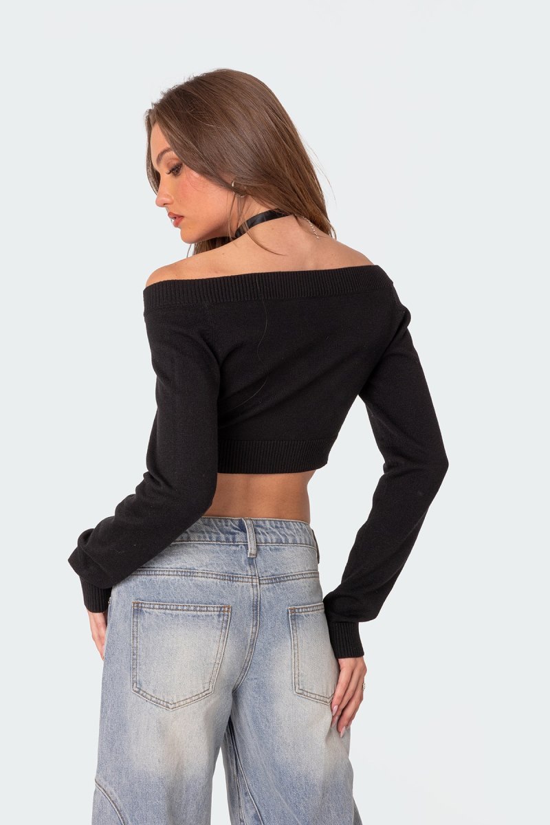 Edikted Lainey V Neck Knit Crop Tops Black | USA UP736113F8