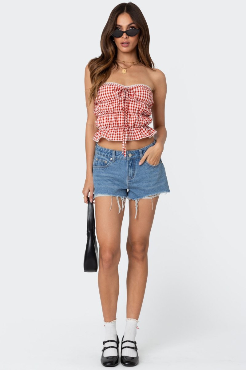 Edikted Lanna Gingham Elastic Scrunch Strapless Tops Blue | USA YX876747F9
