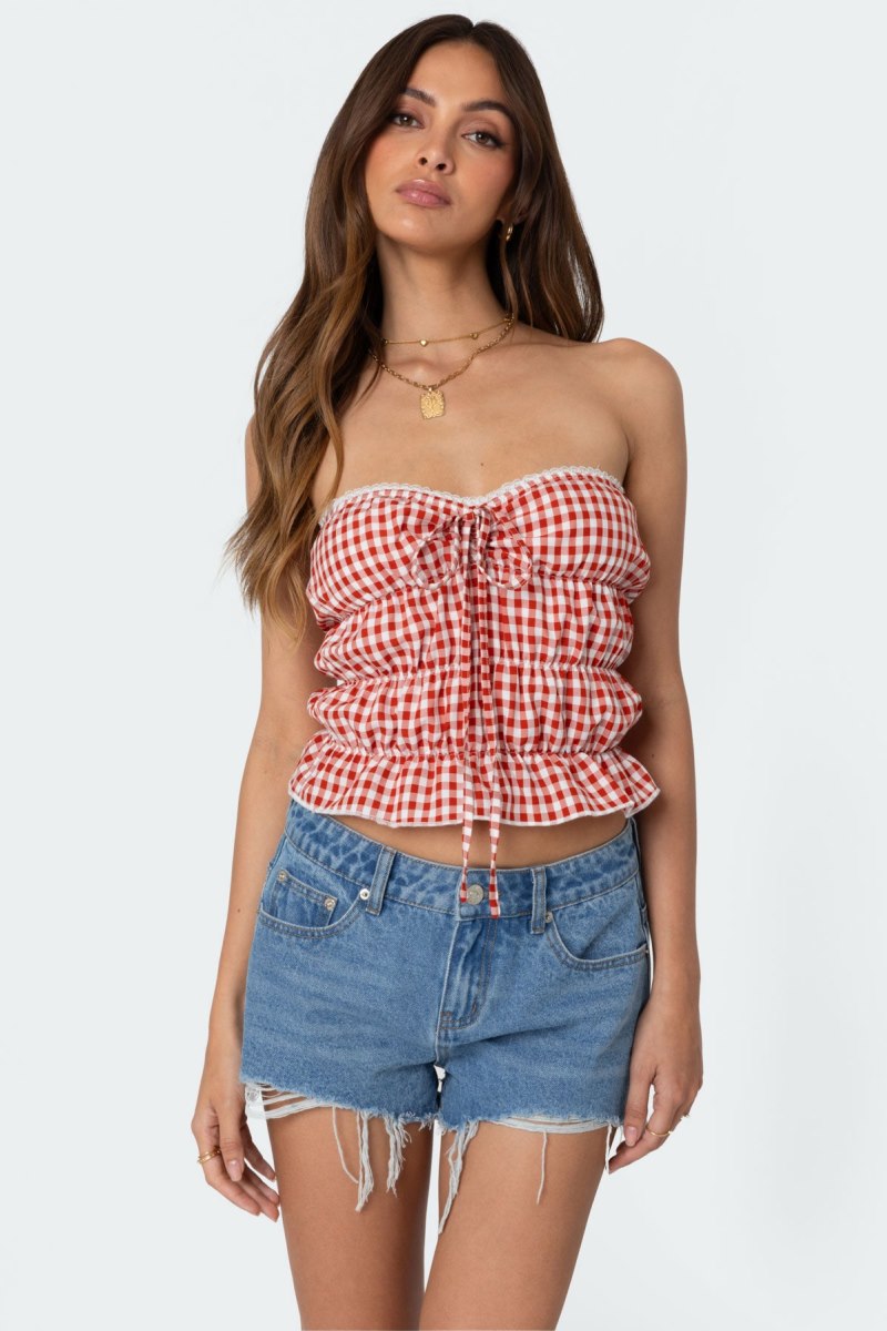 Edikted Lanna Gingham Elastic Scrunch Strapless Tops Blue | USA YX876747F9