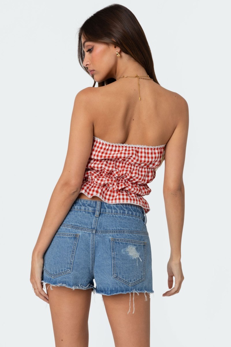 Edikted Lanna Gingham Elastic Scrunch Strapless Tops Blue | USA YX876747F9