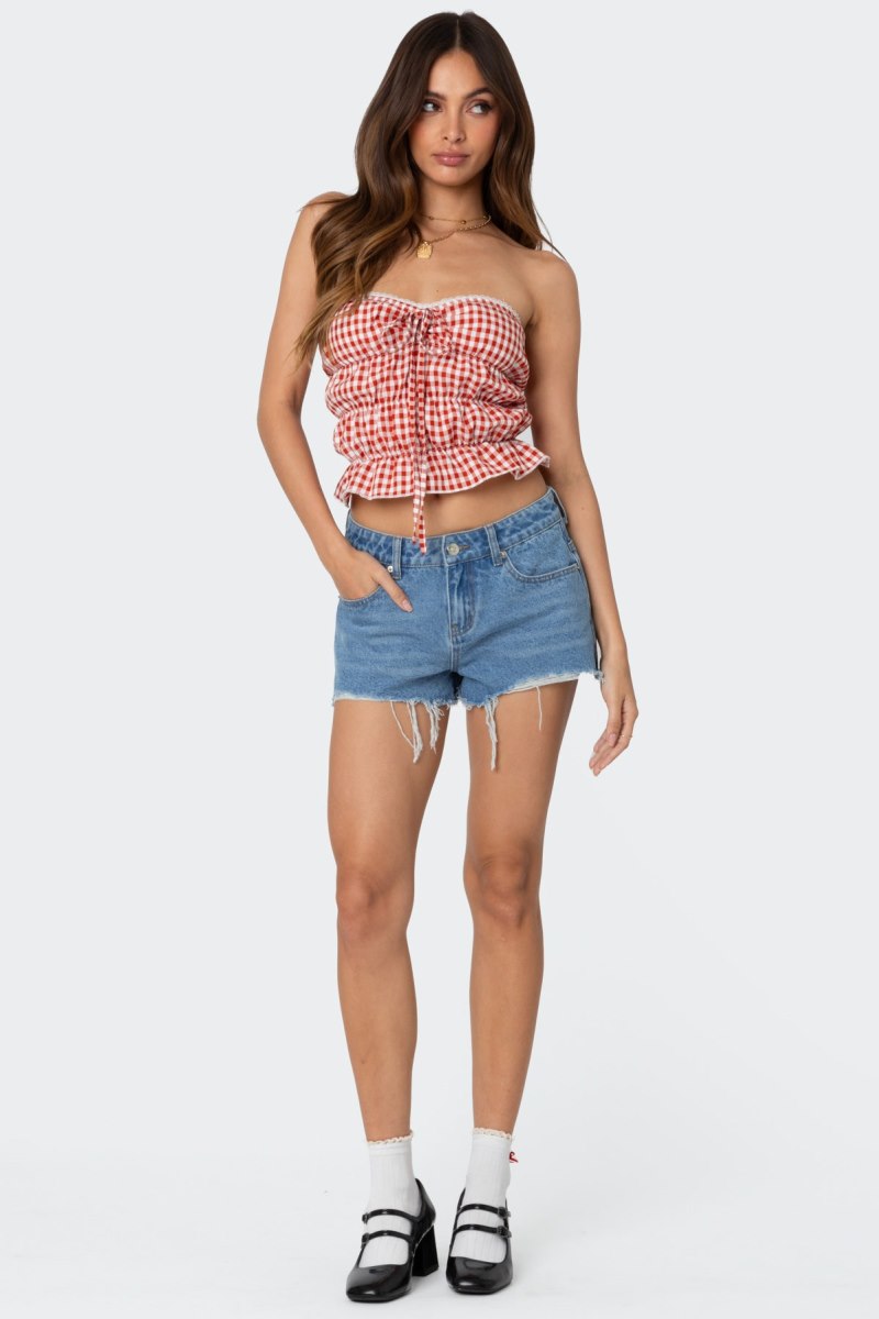 Edikted Lanna Gingham Elastic Scrunch Strapless Tops Blue | USA YX876747F9