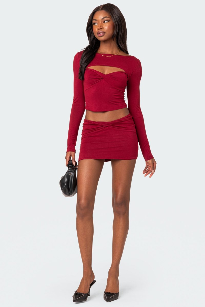 Edikted Lara Cut Out Twist Front Long Sleeve Tops Burgundy | USA CY767716Q6