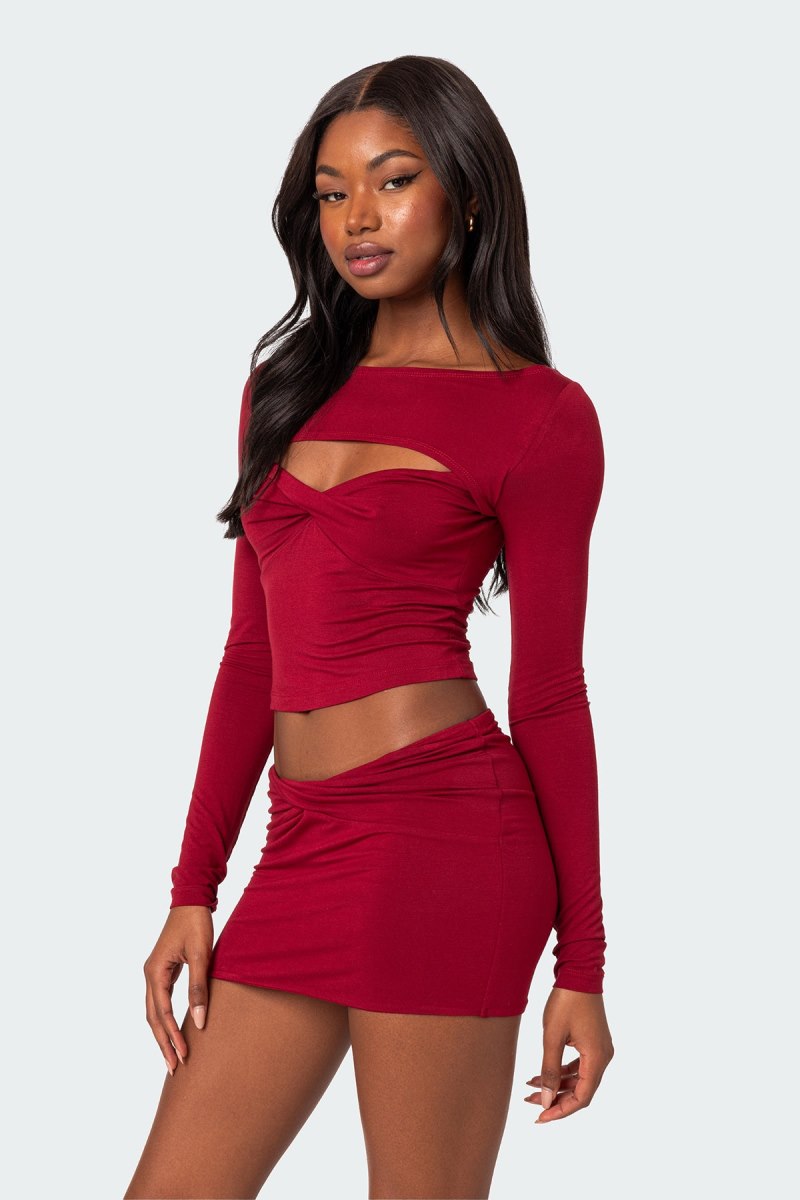 Edikted Lara Cut Out Twist Front Long Sleeve Tops Burgundy | USA CY767716Q6