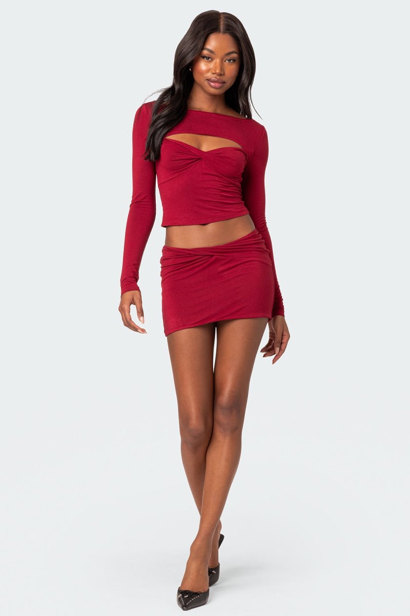 Edikted Lara Cut Out Twist Front Long Sleeve Tops Burgundy | USA CY767716Q6
