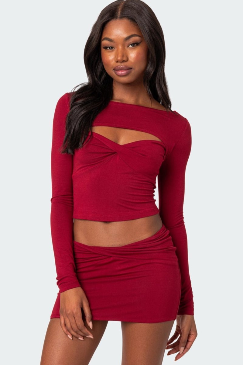 Edikted Lara Cut Out Twist Front Long Sleeve Tops Burgundy | USA CY767716Q6