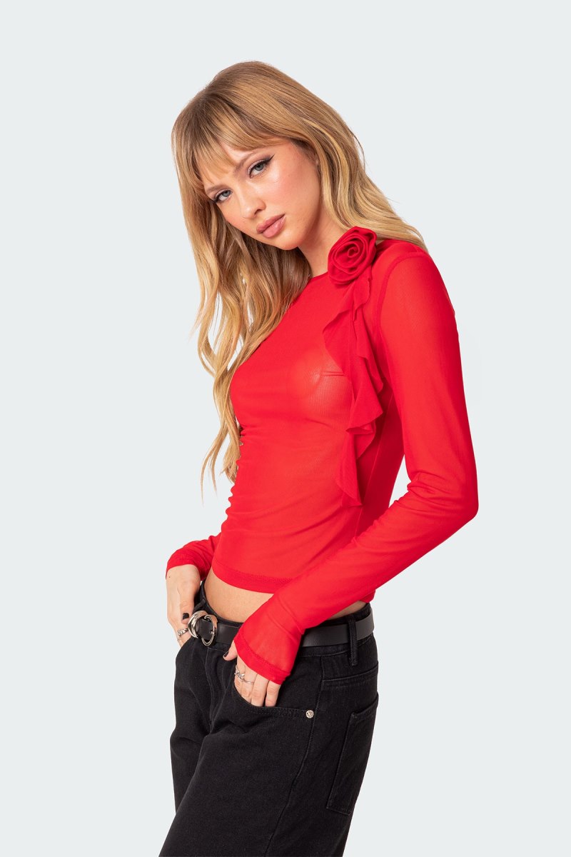 Edikted Larose Sheer Mesh Flower Pin Long Sleeve Tops Red | USA PB400480A3