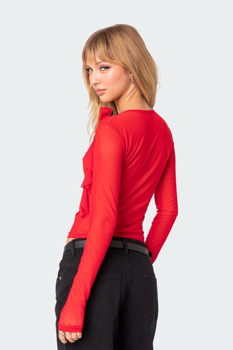 Edikted Larose Sheer Mesh Flower Pin Long Sleeve Tops Red | USA PB400480A3