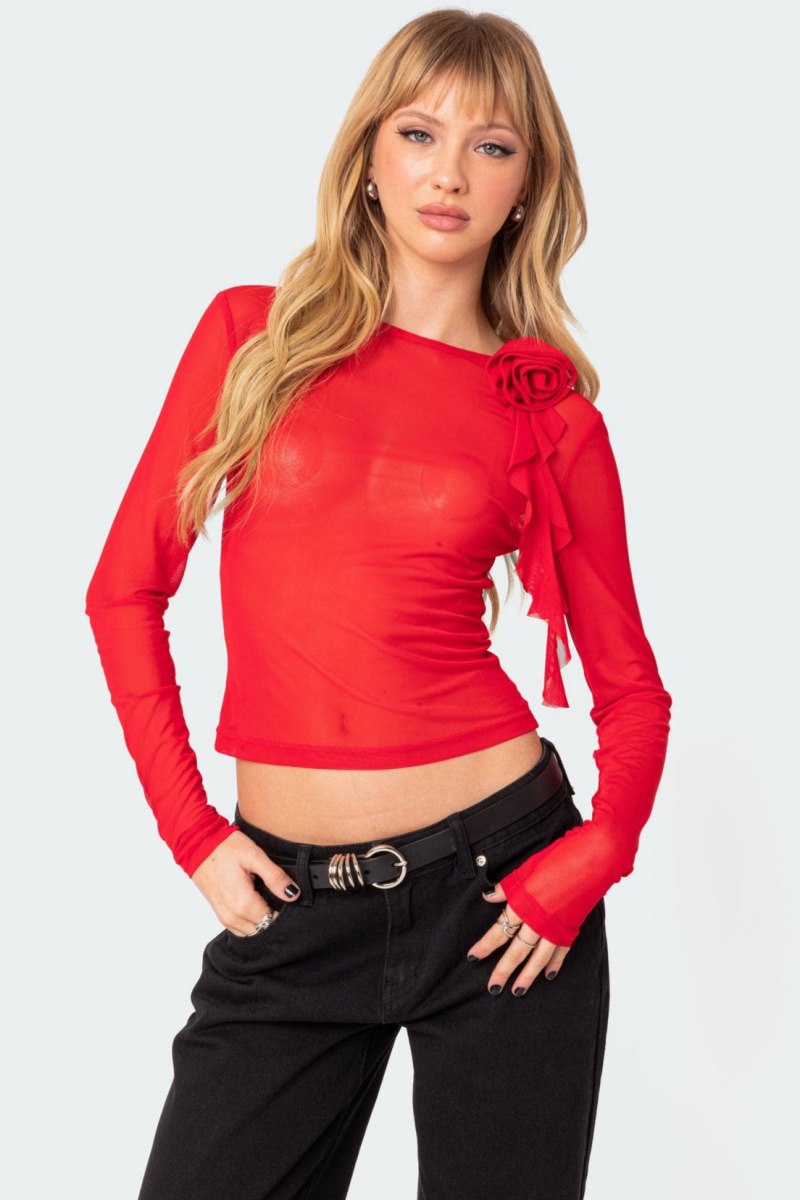 Edikted Larose Sheer Mesh Flower Pin Long Sleeve Tops Red | USA PB400480A3