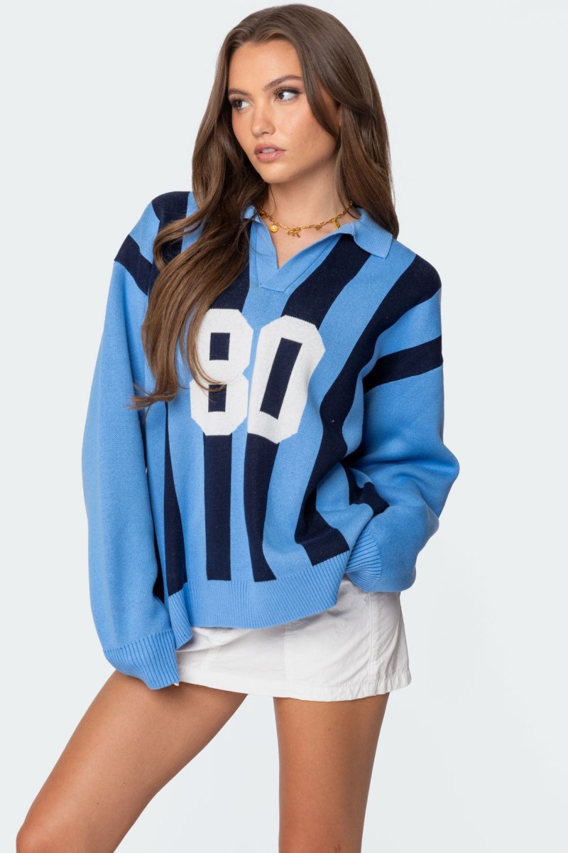 Edikted Larson Oversized Polo Sweater Blue And Navy | USA XH740774I6