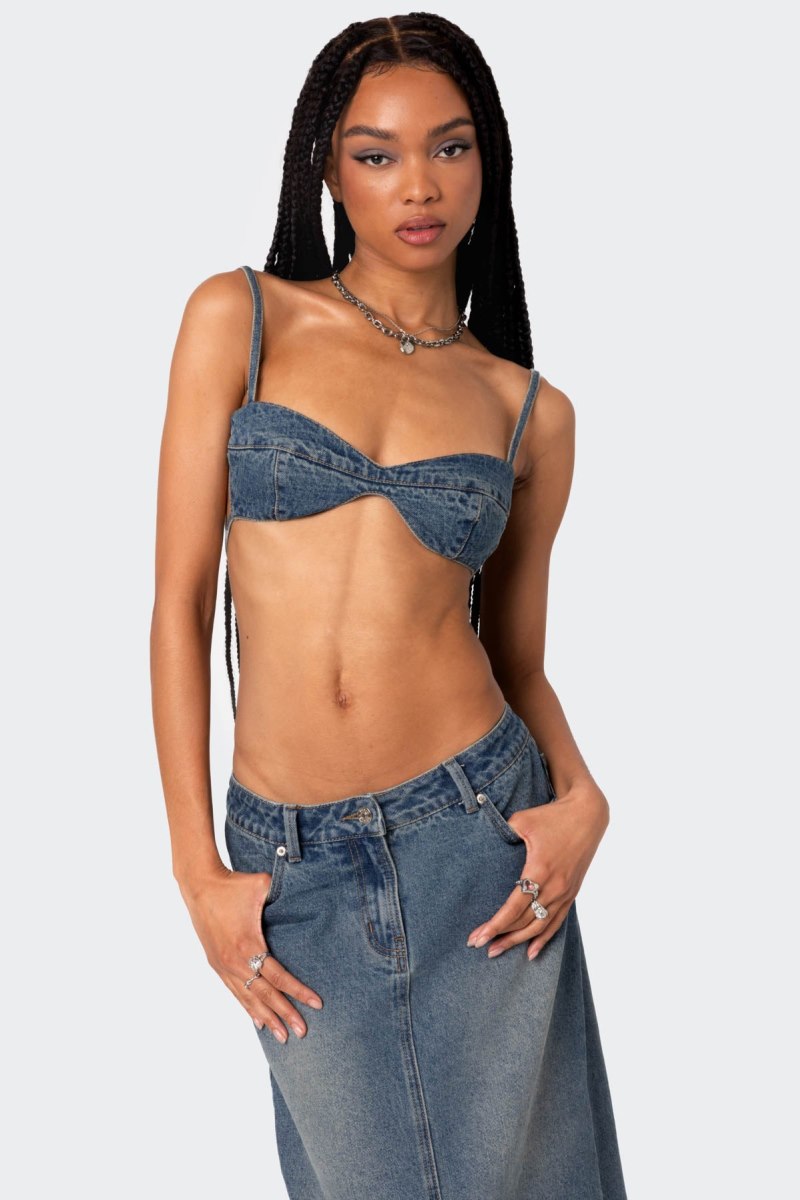 Edikted Lassy Washed Denim Bralette Crop Tops Blue Washed | USA PP124592Z0