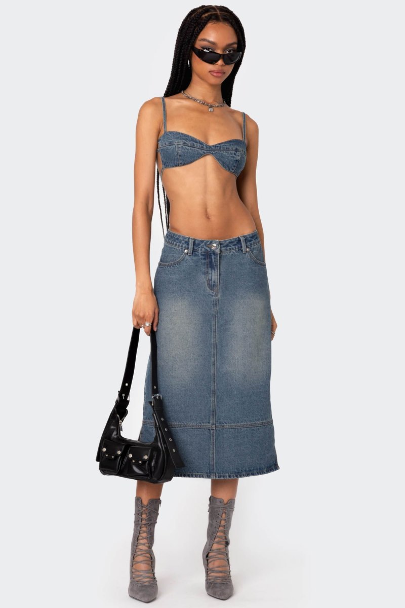 Edikted Lassy Washed Denim Bralette Crop Tops Blue Washed | USA PP124592Z0