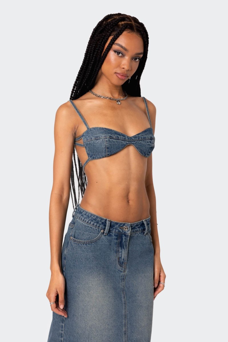 Edikted Lassy Washed Denim Bralette Crop Tops Blue Washed | USA PP124592Z0