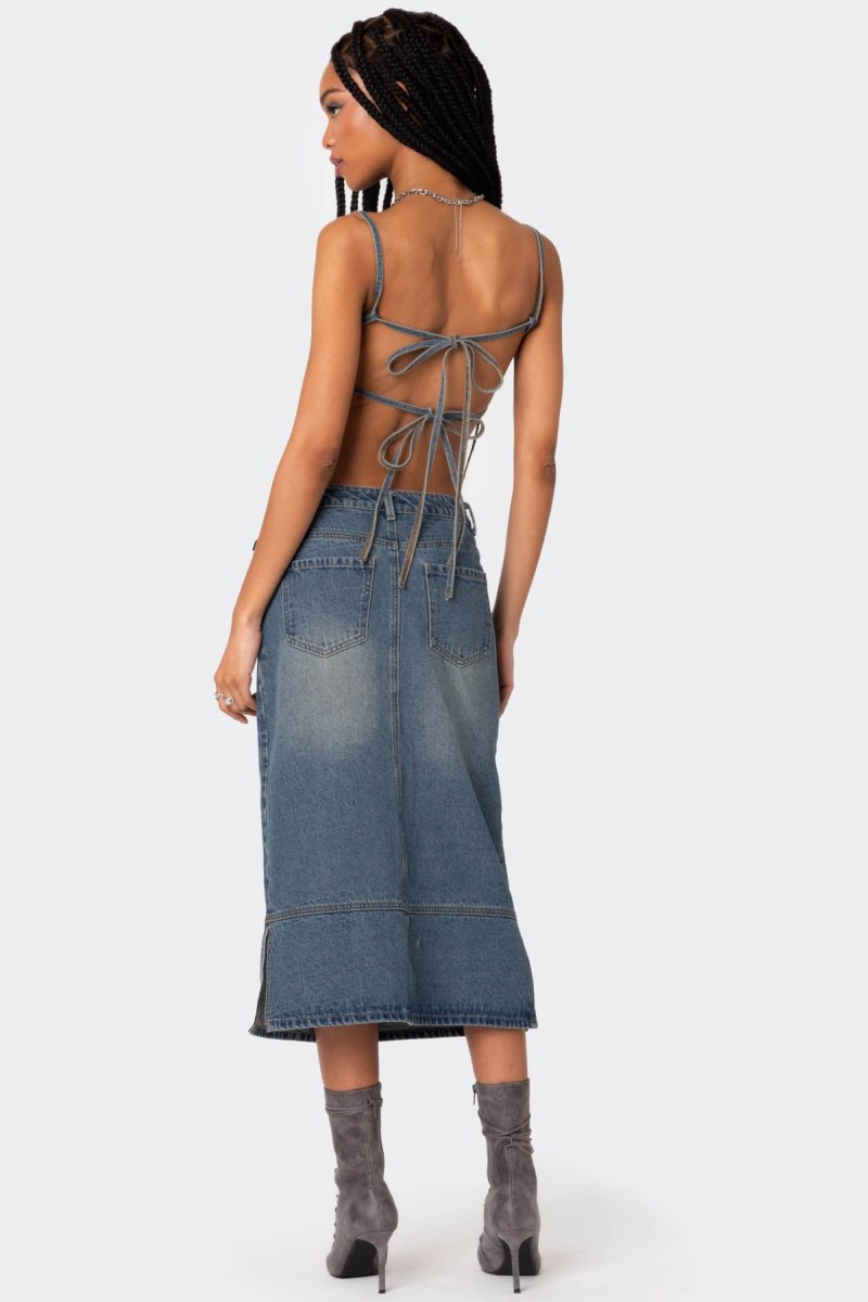Edikted Lassy Washed Denim Bralette Crop Tops Blue Washed | USA PP124592Z0