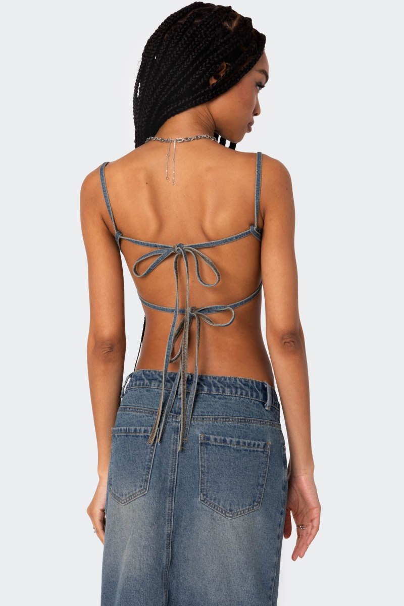 Edikted Lassy Washed Denim Bralette Crop Tops Blue Washed | USA PP124592Z0