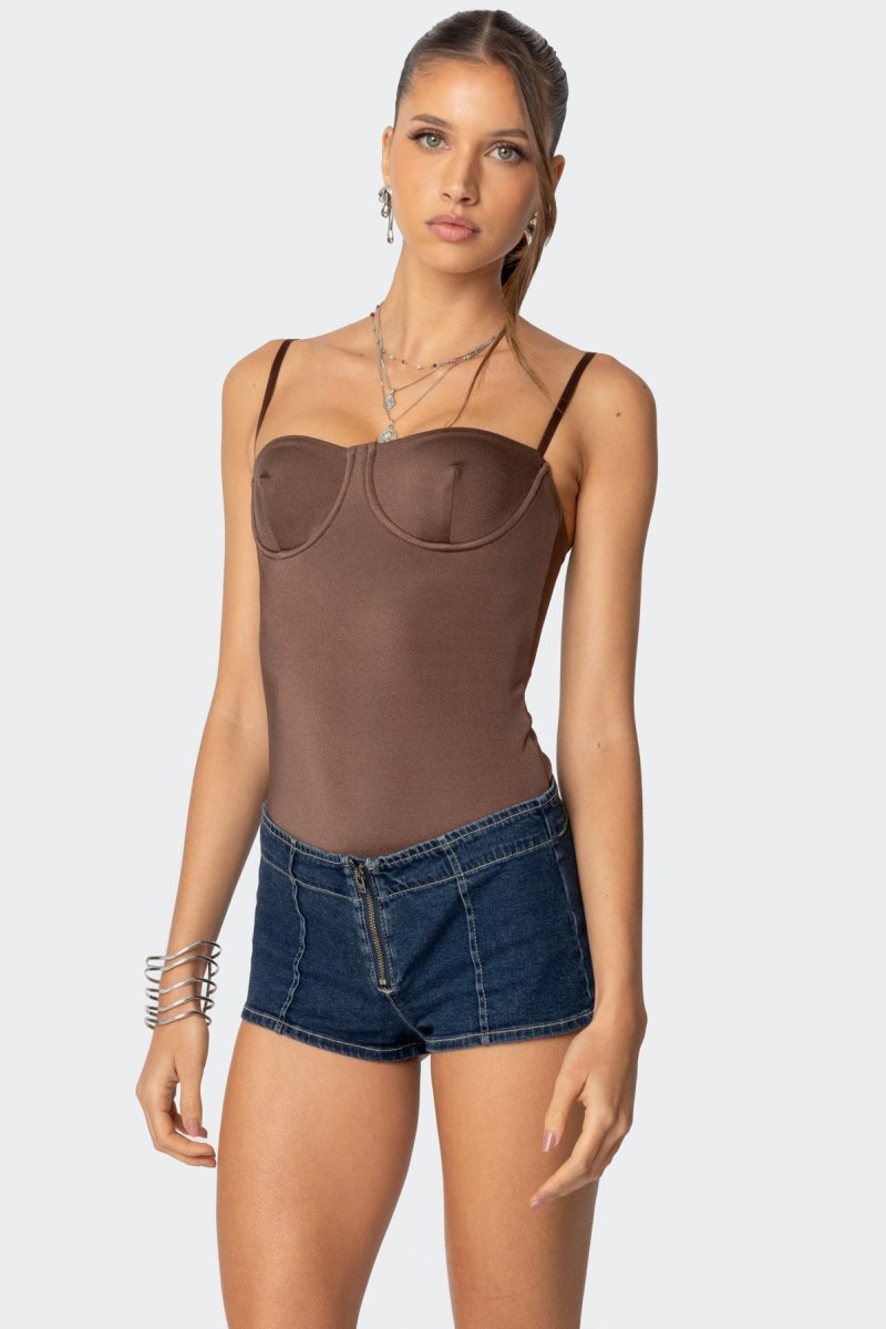 Edikted Laurel Shiny Cupped Bodysuit Brown | USA RS814421U5