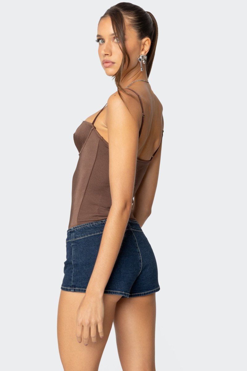 Edikted Laurel Shiny Cupped Bodysuit Brown | USA RS814421U5