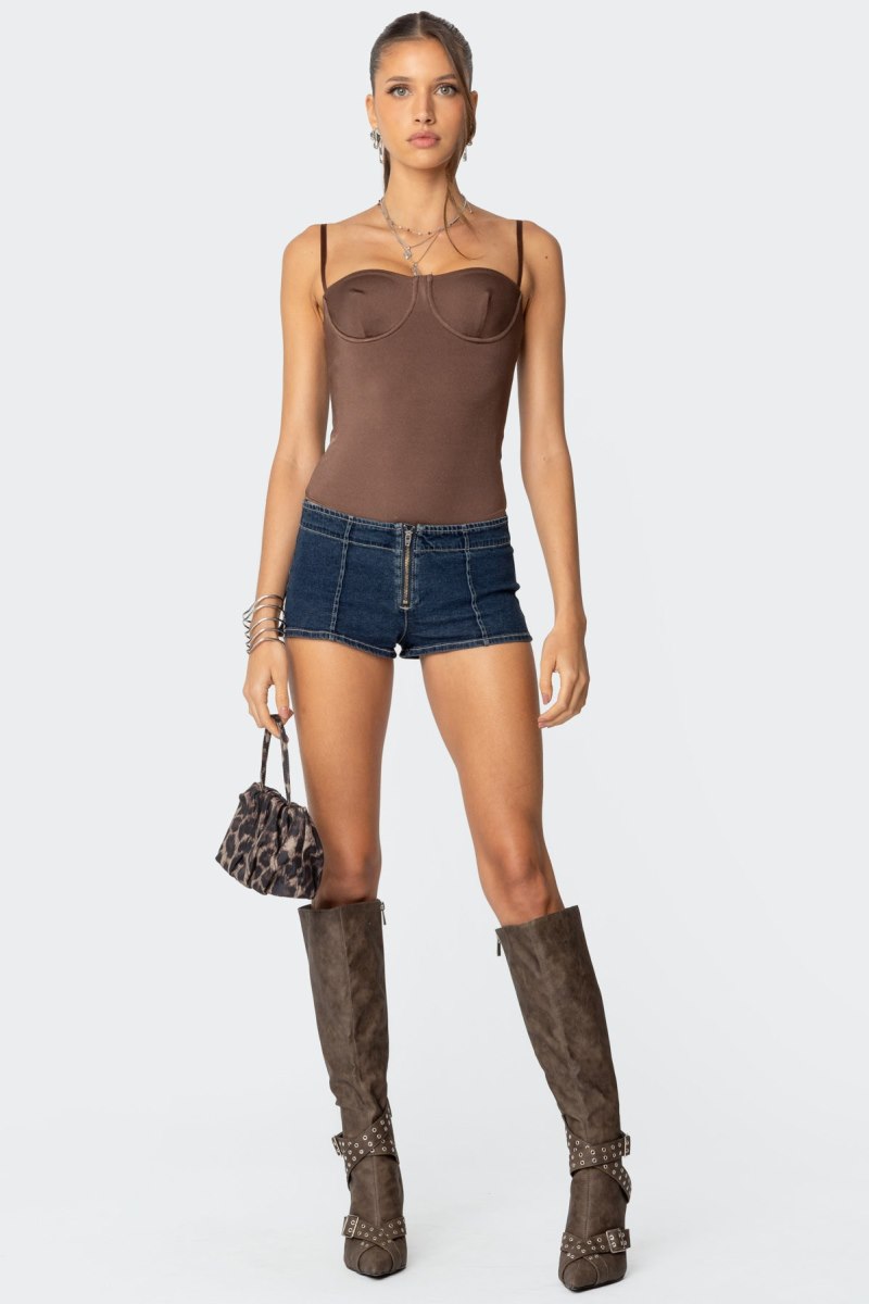 Edikted Laurel Shiny Cupped Bodysuit Brown | USA RS814421U5