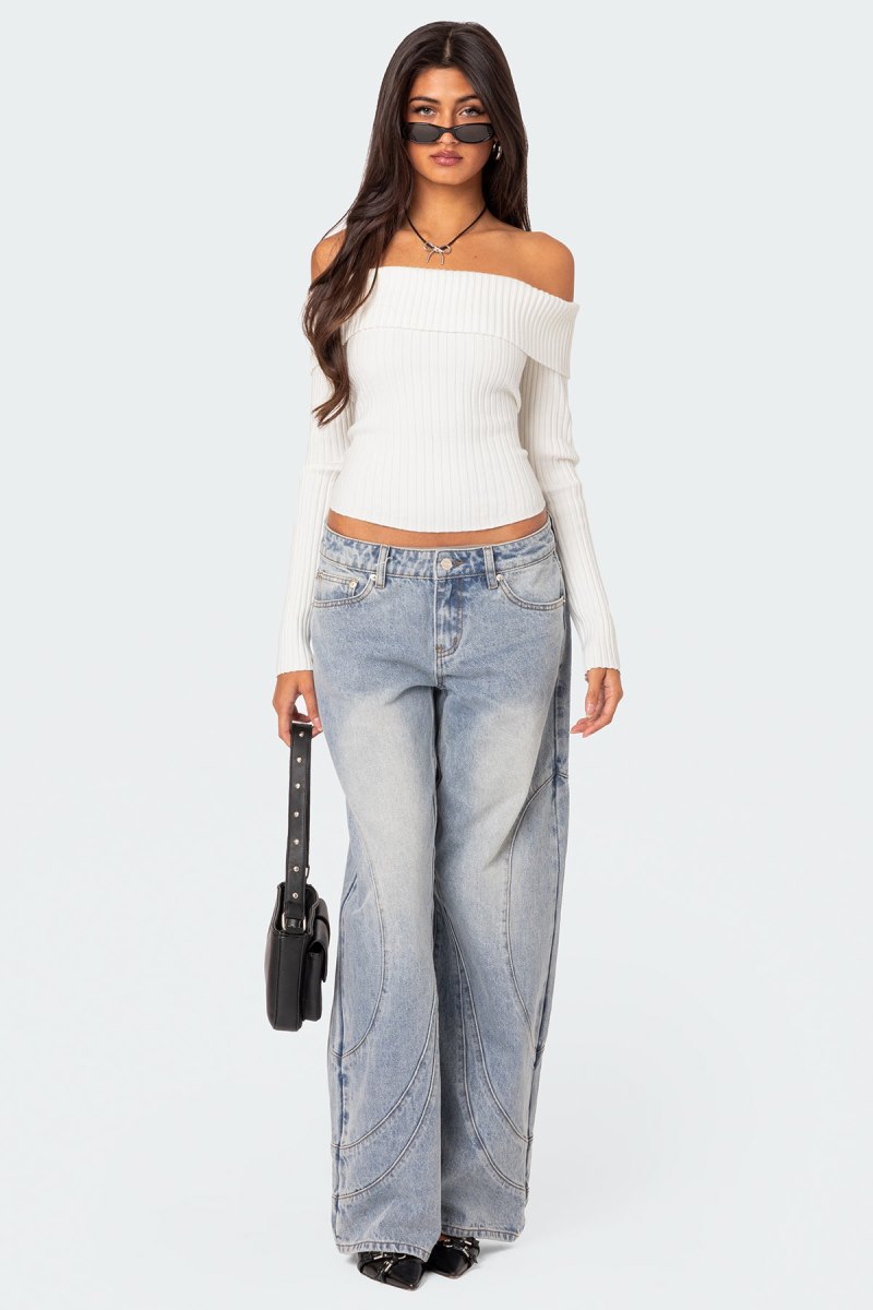 Edikted Lauren Knit Fold Over Long Sleeve Tops White | USA BD287418G5